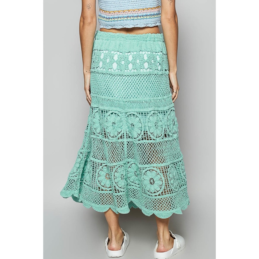 POL Teal Crochet Midi Skirt | Elastic Waist Pull On Flowy - Picture 5 of 9